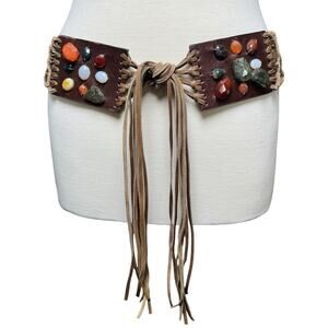 Orciani Women Leather Boho Stone Tie Waist Belt Brown Size M 85cm